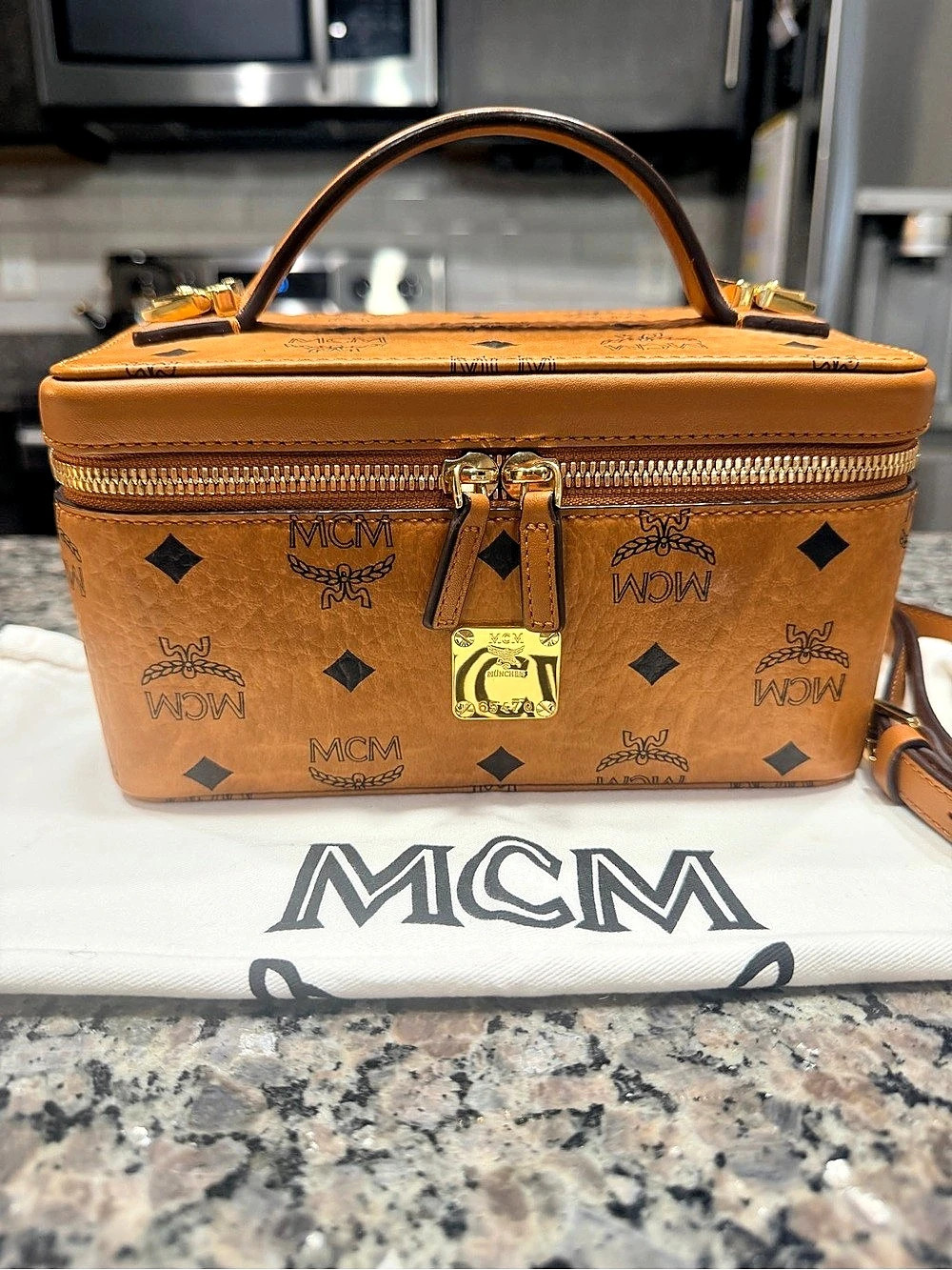 MCM Visetos Coated Canvas Vanity Case in Brown Excellent Cond